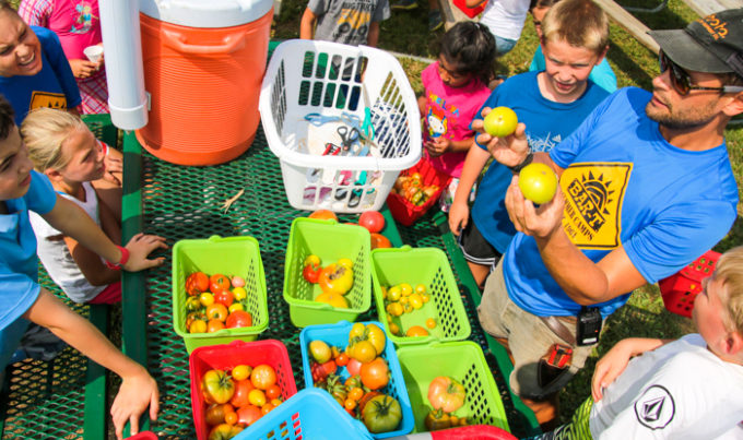 Counselor and campers gathered around a table full of tomatoes